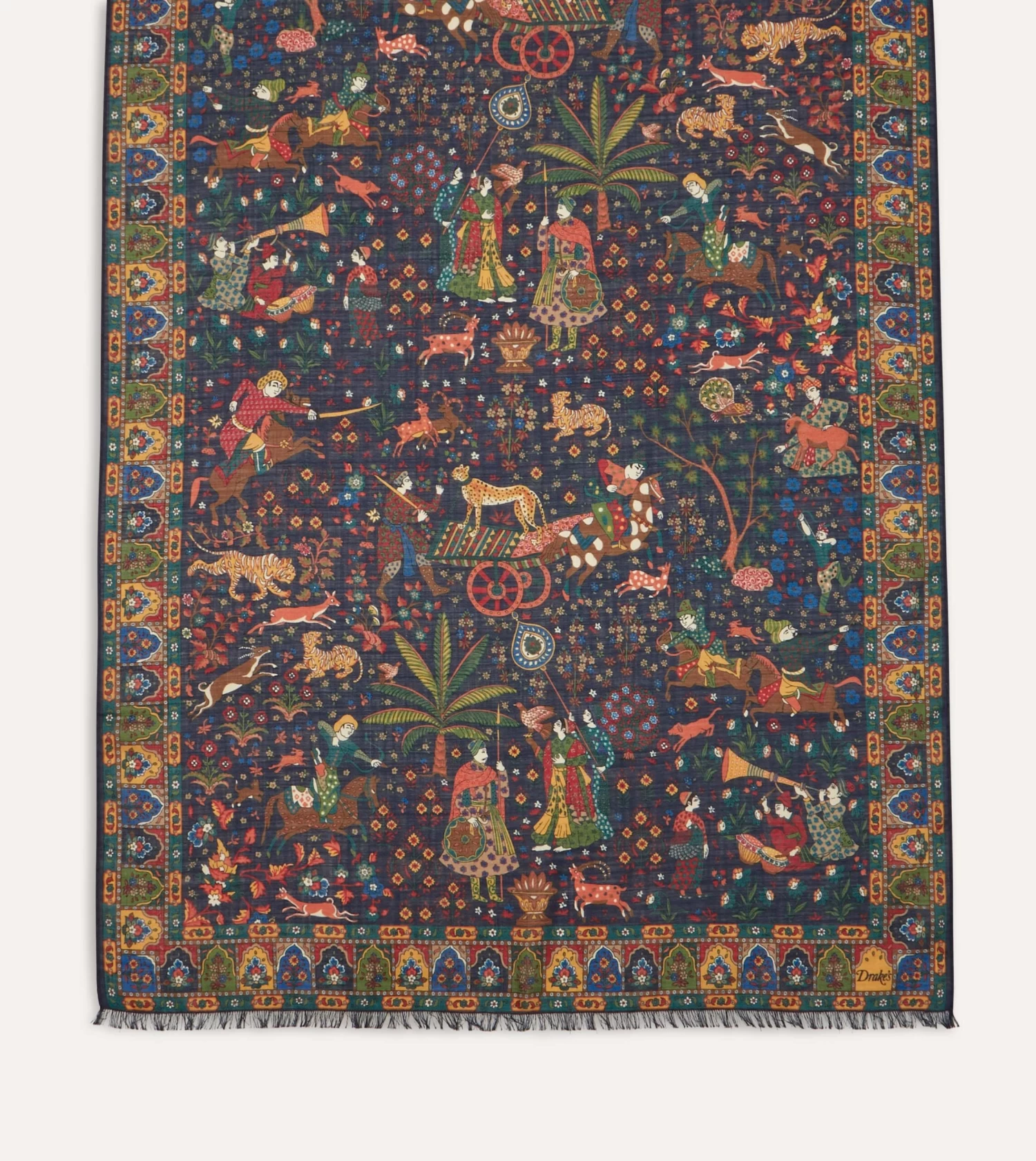 Navy Mughal Hunter Print Wool-Silk Scarf 6 Navy Mughal Hunter Print Wool-Silk Scarf - Image 4