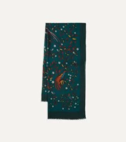 Green Birds Of Paradise Print Wool Scarf -Drakes Shop DR1AB122219 02401 1