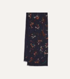 Navy Mughal And Stars Print Wool Scarf -Drakes Shop DR1AB122220 01251 1