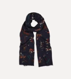Navy Mughal And Stars Print Wool Scarf