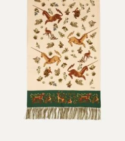 Ecru Unicorn Print Tubular Silk Tasselled Scarf -Drakes Shop DR1AB122221 01051 2