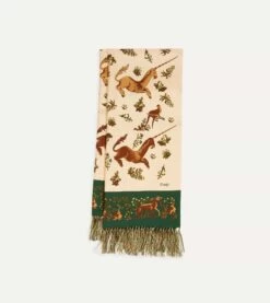 Ecru Unicorn Print Tubular Silk Tasselled Scarf -Drakes Shop DR1AB122221 01051 3