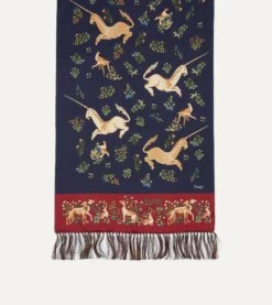 Navy Unicorn Print Tubular Silk Tasselled Scarf -Drakes Shop DR1AB122221 02 251 2