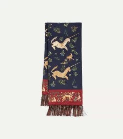 Navy Unicorn Print Tubular Silk Tasselled Scarf -Drakes Shop DR1AB122221 02 251 3