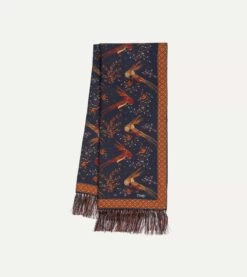 Navy Birds Of Paradise Print Tubular Silk Tasselled Scarf -Drakes Shop DR1AB122222 01251 3