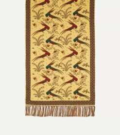 Gold Birds Of Paradise Print Tubular Silk Tasselled Scarf -Drakes Shop DR1AB122222 04501 3