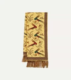 Gold Birds Of Paradise Print Tubular Silk Tasselled Scarf -Drakes Shop DR1AB122222 04501 4