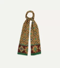 Brown And Red Medallion Print Wool-Silk Scarf