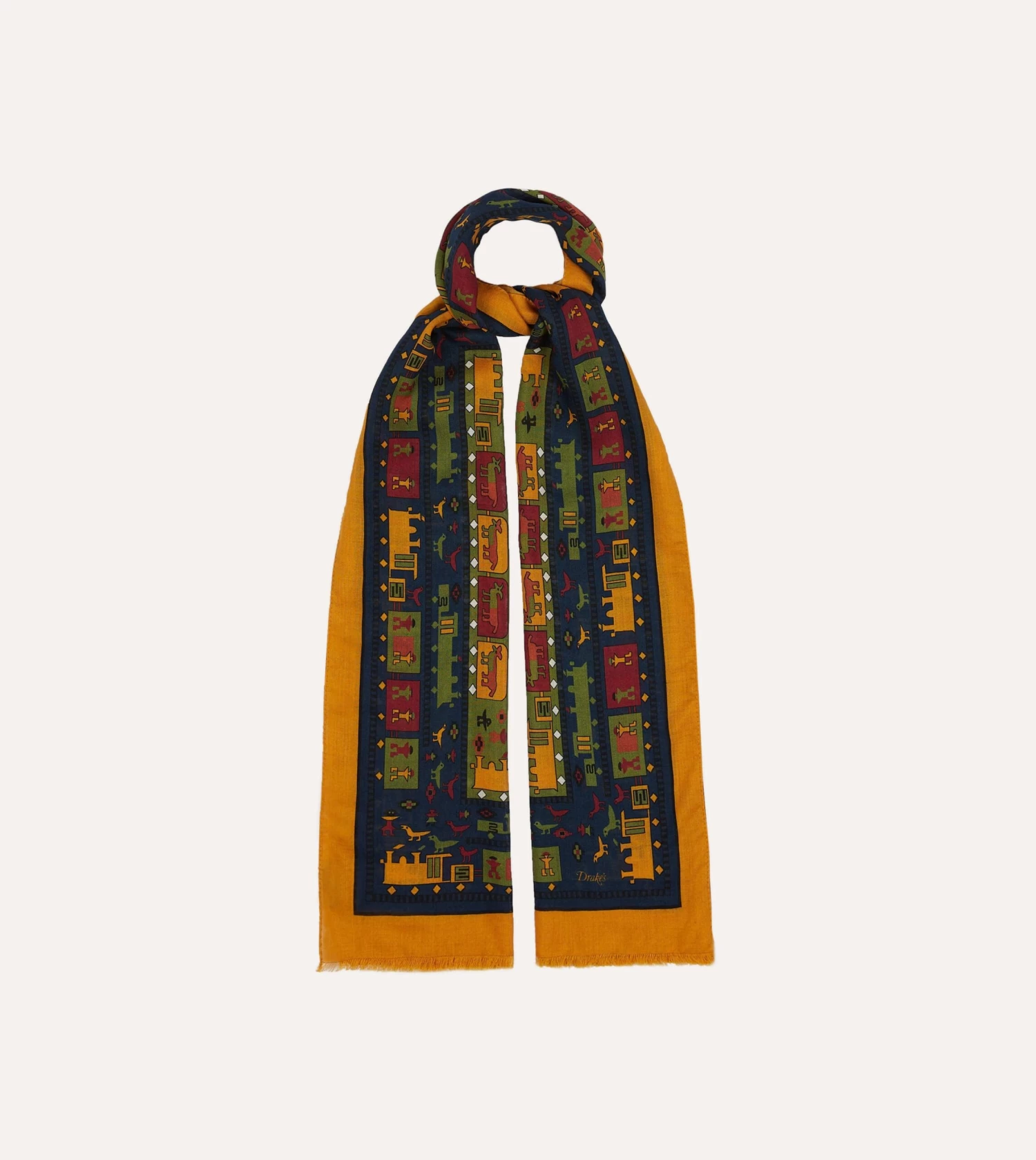 Navy And Yellow Navajo Print Wool-Silk Scarf 3 Navy And Yellow Navajo Print Wool-Silk Scarf