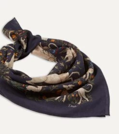 Navy Unicorn Print Wool-Silk Square Scarf -Drakes Shop DR1AD021397 01251 5