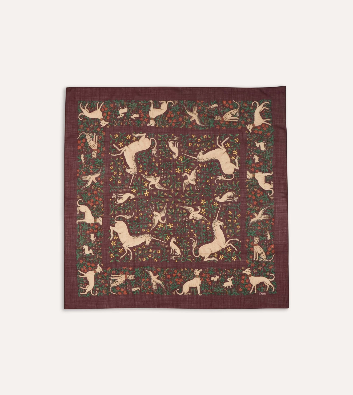 Burgundy Unicorn Print Wool-Silk Square Scarf 6 Burgundy Unicorn Print Wool-Silk Square Scarf - Image 4