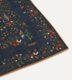 Navy Birds Of Paradise Print Wool-Silk Square Scarf -Drakes Shop DR1AD022216 01251 4