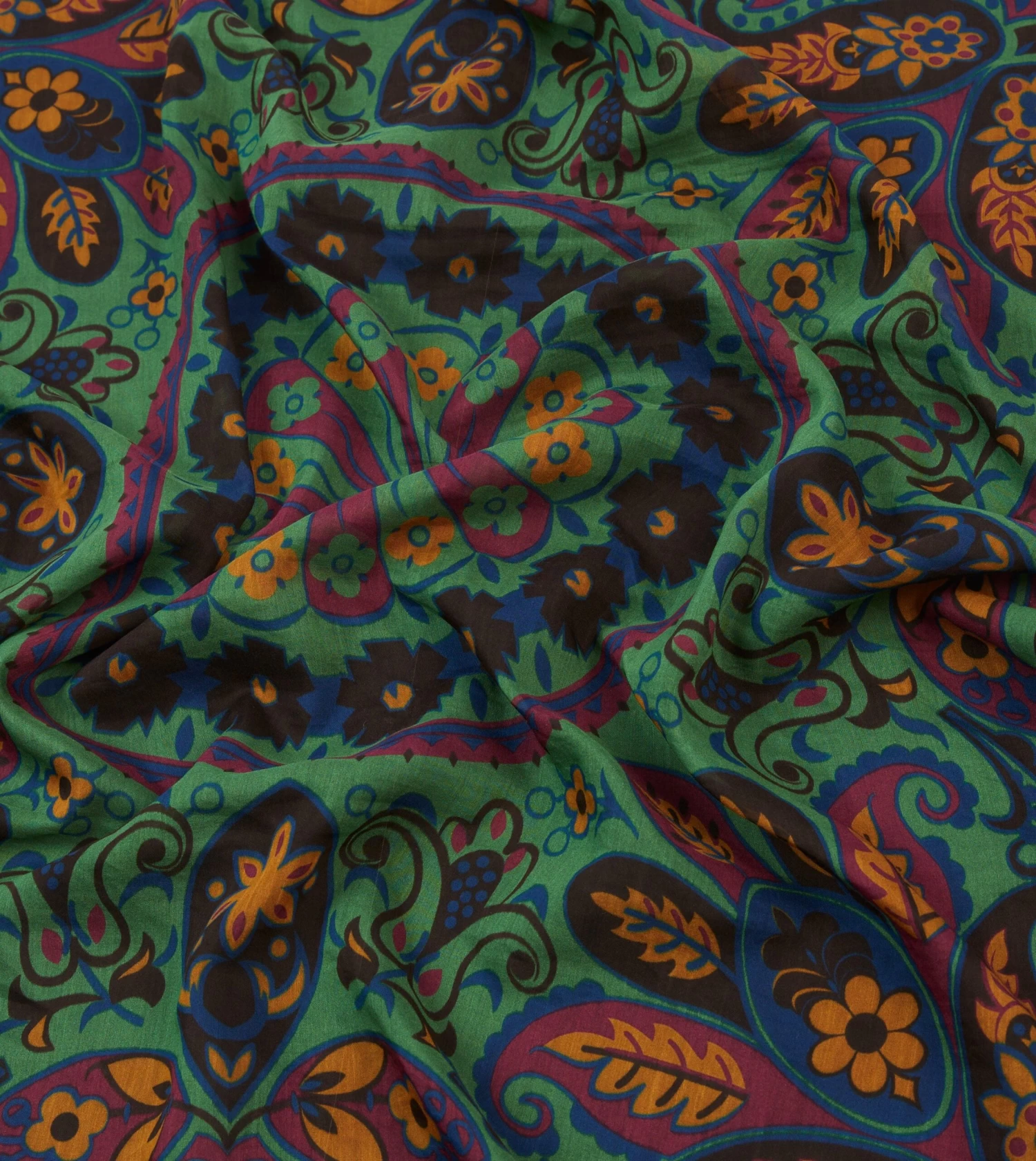 Green Folk Flower Print Cotton-Silk Bandana 4 Green Folk Flower Print Cotton-Silk Bandana - Image 2