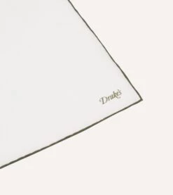 White And Olive Shoestring Linen Pocket Square -Drakes Shop DR1AE020283 08000 4