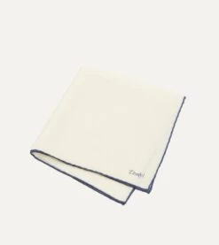 Ivory And Blue Shoestring Border Silk Pocket Square -Drakes Shop DR1AE022664 05 2