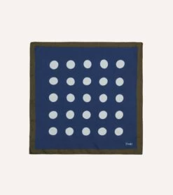 Olive, Navy And Ecru Large Spots Print Cotton-Silk Pocket Square