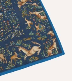 Blue And Navy Unicorn Garden Print Cotton-Silk Pocket Square 8 Blue And Navy Unicorn Garden Print Cotton-Silk Pocket Square -Drakes Shop DR1AE024081 02251 3