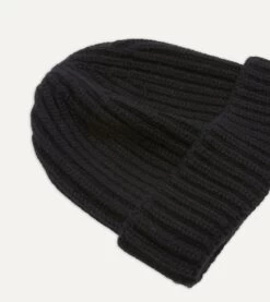 Black Cashmere Ribbed Knit Cap -Drakes Shop DR1AG1 21577 09 100 3
