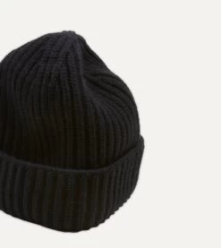 Black Cashmere Ribbed Knit Cap -Drakes Shop DR1AG1 21577 09 100 4