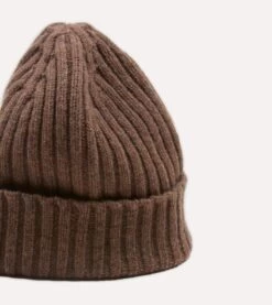 Brown Lambswool Ribbed Knit Cap -Drakes Shop DR1AG1 21579 08 300 4