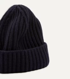 Navy Cashmere Ribbed Knit Beanie -Drakes Shop DR1AG121577 01250 3