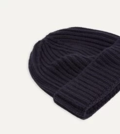 Navy Cashmere Ribbed Knit Beanie -Drakes Shop DR1AG121577 01250 4