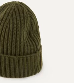 Khaki Green Cashmere Ribbed Knit Cap -Drakes Shop DR1AG121577 11400 3