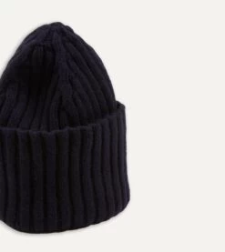 Navy Lambswool Ribbed Knit Cap -Drakes Shop DR1AG121579 01250 3