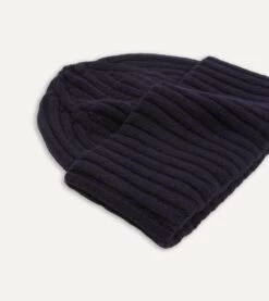 Navy Lambswool Ribbed Knit Cap -Drakes Shop DR1AG121579 01250 4