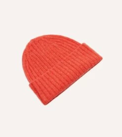 Orange Lambswool Ribbed Knit Cap -Drakes Shop DR1AG121579 06800 3