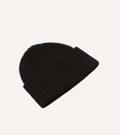 Black Lambswool Ribbed Knit Cap -Drakes Shop DR1AG121579 09100 3