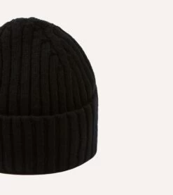 Black Lambswool Ribbed Knit Cap -Drakes Shop DR1AG121579 09100 4