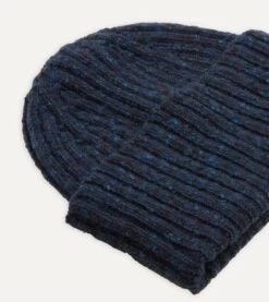 Navy Ribbed Merino Donegal Knit Cap -Drakes Shop DR1AG121581 01250 4