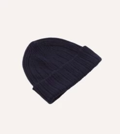 Navy Angora Lambswool Ribbed Knit Cap -Drakes Shop DR1AG122686 01250 3