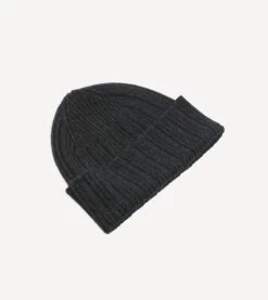 Dark Grey Angora Lambswool Ribbed Knit Cap 9 Dark Grey Angora Lambswool Ribbed Knit Cap -Drakes Shop DR1AG122686 03600 3