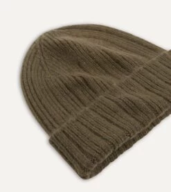 Khaki Green Angora Lambswool Ribbed Knit Cap -Drakes Shop DR1AG122686 06400 4
