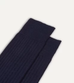 Light Navy Wool Over-the-Calf Socks -Drakes Shop DR1AJ121425 08250 3