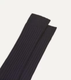 Dark Navy Cotton Over-the-Calf Socks -Drakes Shop DR1AJ121435 03200 3