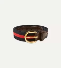 Navy And Red Stripe Webbing And Leather Belt With Brass Buckle