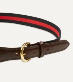Navy And Red Stripe Webbing And Leather Belt With Brass Buckle -Drakes Shop DR1AK121918 01252 3