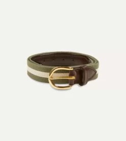 Olive And Ecru Stripe Webbing And Leather Belt With Brass Buckle