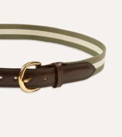 Olive And Ecru Stripe Webbing And Leather Belt With Brass Buckle -Drakes Shop DR1AK121918 02402 3
