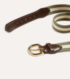 Olive And Ecru Stripe Webbing And Leather Belt With Brass Buckle -Drakes Shop DR1AK121918 02402 5