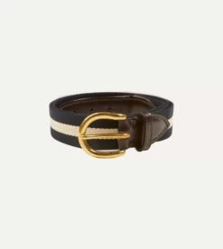 Navy And Ecru Stripe Webbing And Leather Belt With Brass Buckle