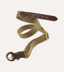 Khaki Green Leather-Covered Buckle Adjustable Webbing Belt -Drakes Shop DR1AK121919 02400 5