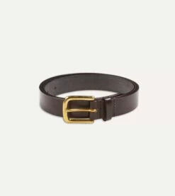 Dark Brown Unlined Bridle Leather Belt With Brass Buckle