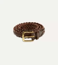 Brown Plaited Bridle Leather Belt With Brass Buckle