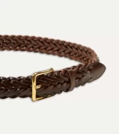 Brown Plaited Bridle Leather Belt With Brass Buckle -Drakes Shop DR1AK121921 01300 3