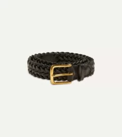 Black Plaited Bridle Leather Belt With Brass Buckle