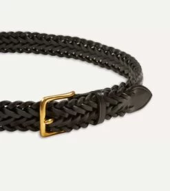 Black Plaited Bridle Leather Belt With Brass Buckle -Drakes Shop DR1AK121921 02100 3